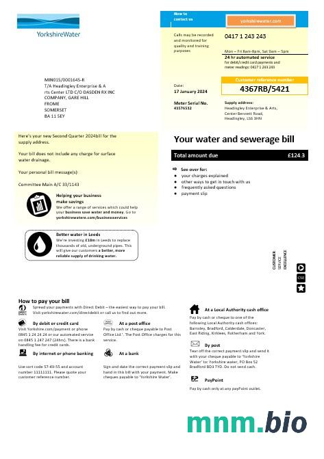Wielka Brytania Yorkshire water rachunek za usługi komunalne szablon w formacie Word i PDF